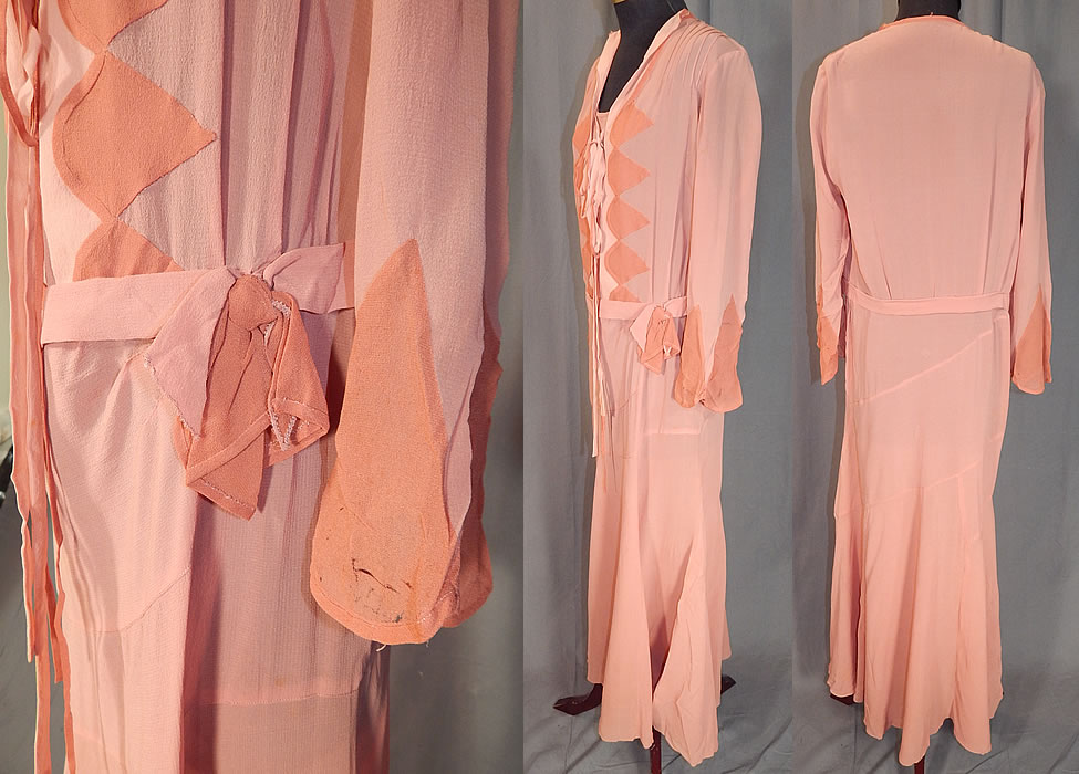 Vintage Art Deco Old Rose Pink Silk Crepe de Chine Appliqu&eacute;d Belted Bias Cut Dress
It is made of a old rose pinkish color silk crepe de chine fabric with a contrasting slightly darker shade appliqu&eacute;d geometric triangle shapes on the front top and sleeve cuffs. 