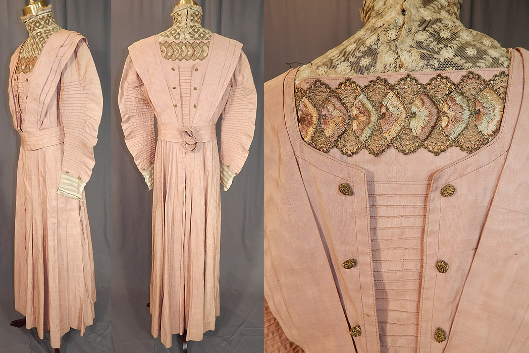 Edwardian Pleated Pink Cotton Silk Moire Gold Embroidered Lace Collar Dress Gown
The dress measures 54 inches long, with a 28 inch waist, 36 inch bust and 12 inch neck.