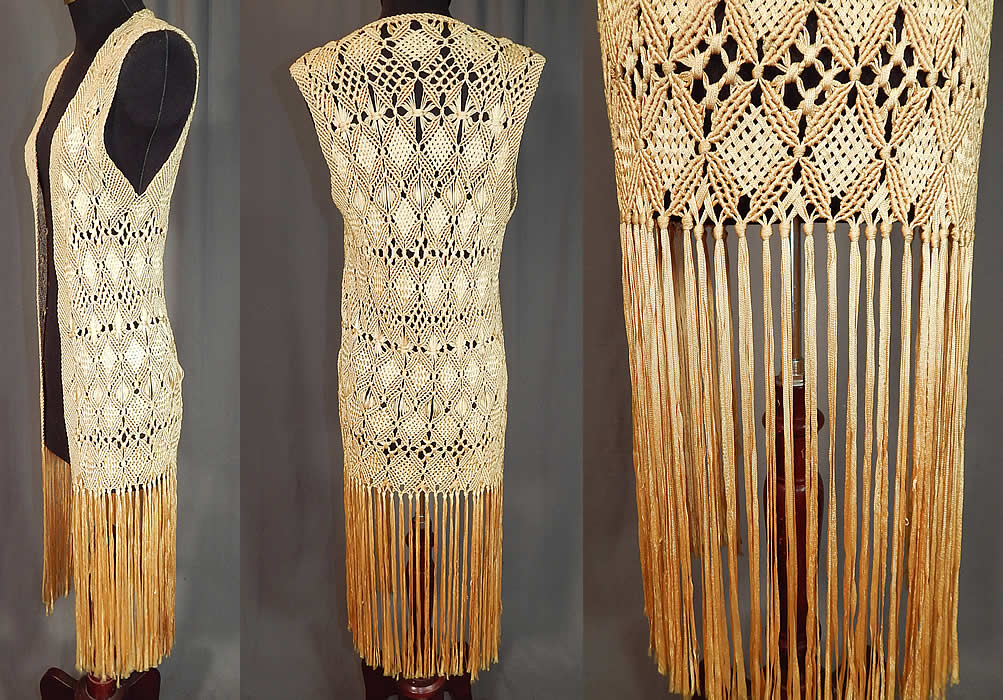 Vintage Yellow Boho Macrame Crochet Silk Ribbon Fringe Shawl Long Vest Jacket
This lovely long sleeveless vest style jacket has a hand knotted yellow silk fringe trim along the bottom, an open front with no closure and is unlined. 