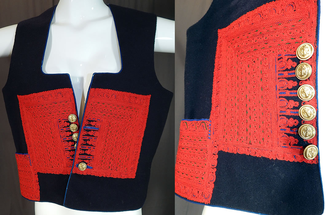 Vintage Antique Macedonian Folk Costume Embroidered Woolen Vest Top
This vintage antique Macedonian folk costume embroidered woolen vest top dates from the early 1900s. It is hand stitched, made of a navy blue wool fabric, with red decorative chain stitch hand embroidery work blocks and triangles.