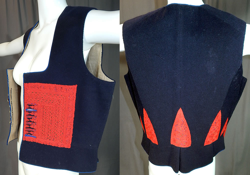 Vintage Antique Macedonian Folk Costume Embroidered Woolen Vest Top
This traditional Macedonian folk costume men's vest has a short sleeveless style, with a low squared neckline, two button holes and six gold brass anchor naval buttons along the front opening, a pleated back bottom hem and is fully lined in a homespun linen fabric. 