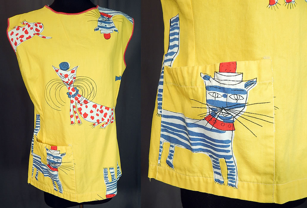 Vintage Ameritex Screen Print Novelty Mod Cat Art Smock Tunic Top Blouse
This vintage Ameritex screen print novelty mod cat art smock tunic top blouse dates from the 1960s. It is made of a yellow cotton fabric, with a colorful Daliesque surrealist beatnik kitty cats wearing hats silk screen novelty print design.