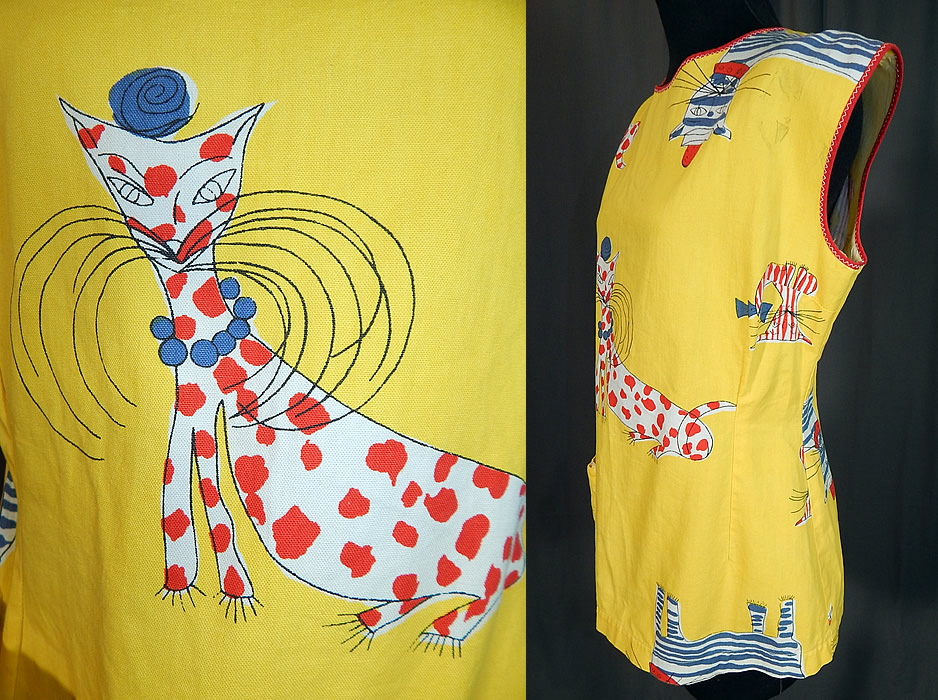 Vintage Ameritex Screen Print Novelty Mod Cat Art Smock Tunic Top Blouse
This retro mod artist smock style shirt tunic top blouse has a long mid length, is sleeveless, with a front patch pocket at the bottom and button back closures.