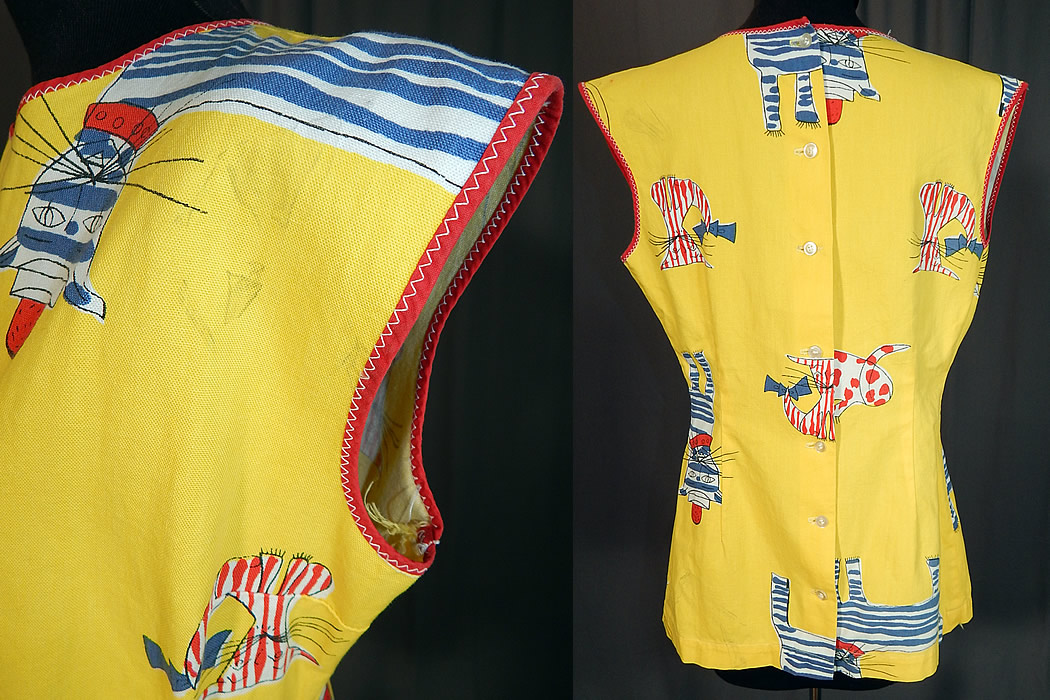Vintage Ameritex Screen Print Novelty Mod Cat Art Smock Tunic Top Blouse
The top measures 25 inches long, with 36 inch hips, a 28 inch waist and 36 inch bust. It is in good condition, with only a few faint small black grease marks. This is truly a wonderful piece of wearable whimsical textile art! 