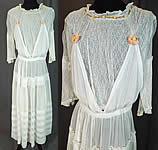 Edwardian White Cotton Lace Pink Silk Rosette Ribbon Trim Pinafore Dress

