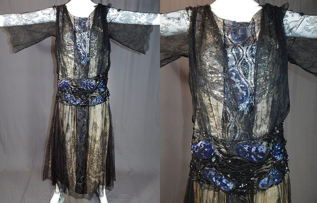 Vintage Art Deco Silver Lam&eacute; Lame Black Chantilly Lace Sequin Beaded Gown
This amazing Art Deco vintage silver lam&eacute; black Chantilly lace sequin beaded gown dates from the 1920s. 