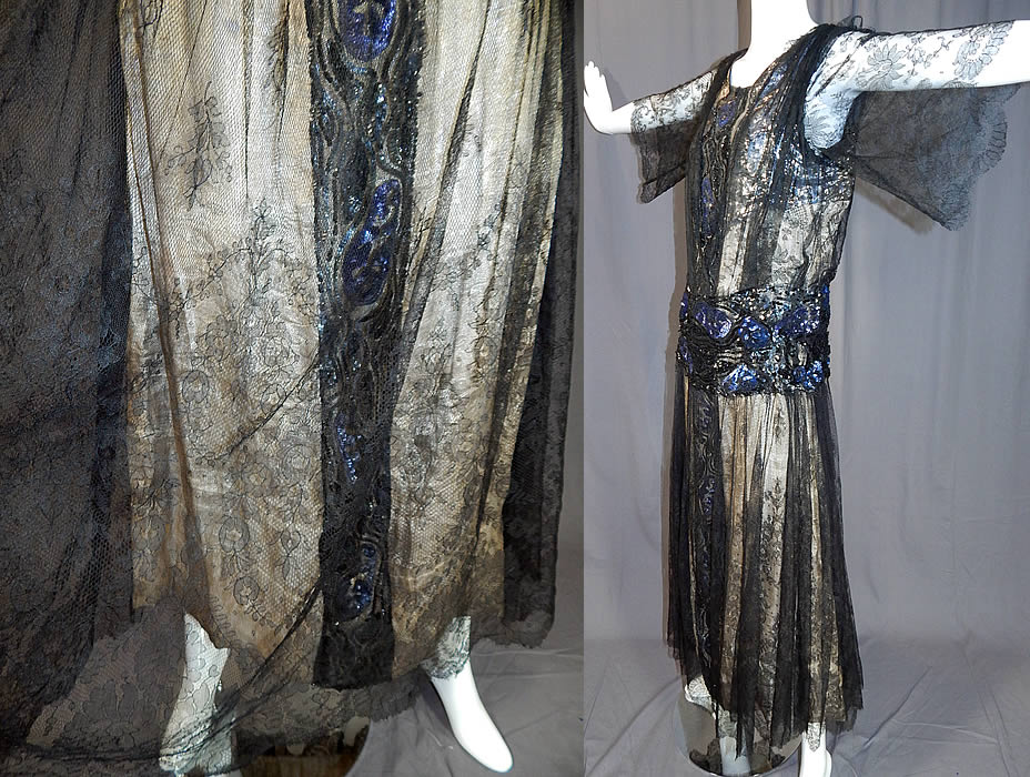 Vintage Art Deco Silver Lam&eacute; Lame Black Chantilly Lace Sequin Beaded Gown
The dress measures 52 inches long, with 44 inch hips, a 36 inch waist and 38 inch bust. 