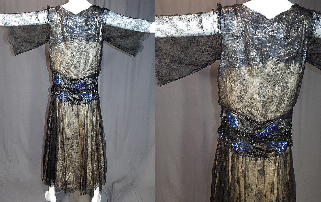 Vintage Art Deco Silver Lam&eacute; Lame Black Chantilly Lace Sequin Beaded Gown
It is in good condition needing only some minor restoration repair, with a few small holes in the lace on one sleeve and skirt, a small frayed rip on the side waistband beadwork and a few faint tarnish discoloration stains on the lam&eacute; fabric lining underdress. 