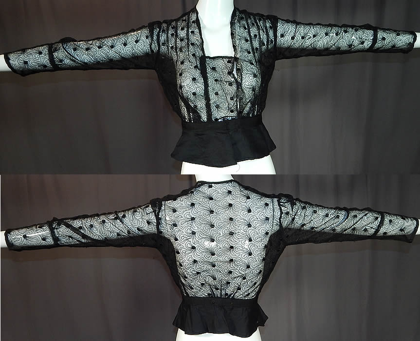 Edwardian Sheer Black Net Lace Embroidered Spiral Flower Blouse Shirt Top
The top measures 19 inches long, with a 24 inch waist, 32 inch bust and 21 inch long sleeves.