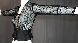 Edwardian Sheer Black Net Lace Embroidered Spiral Flower Blouse Shirt Top Vtg
