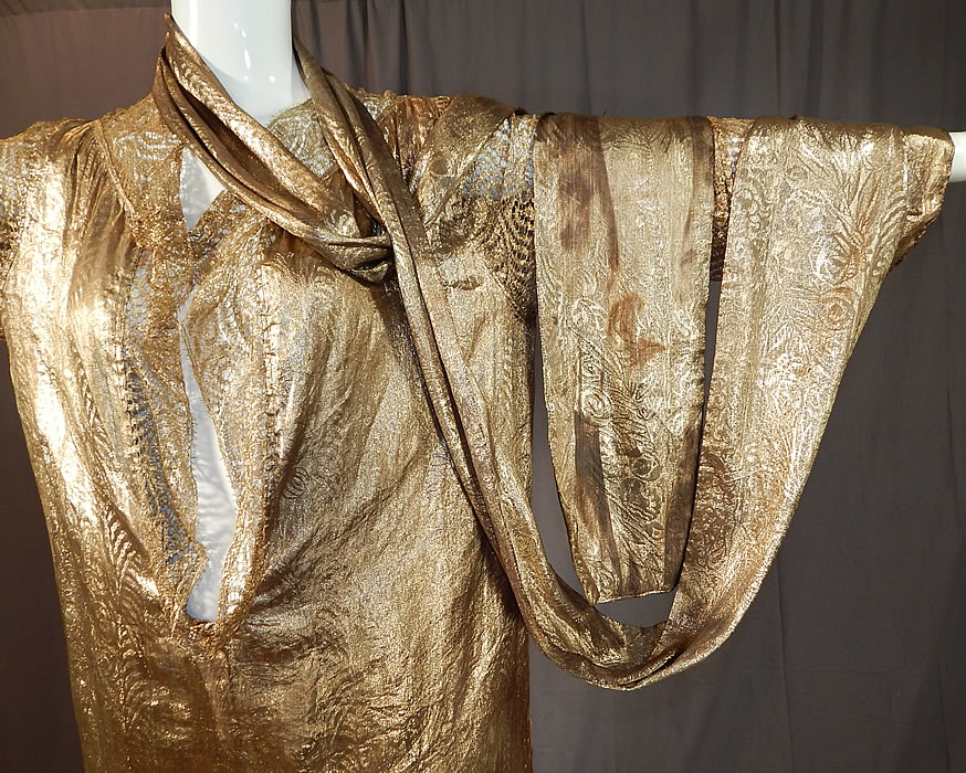 Vintage Art Deco Gold Lam&eacute; Lame Lace Belted Sash Scarf Shift Kaftan Flapper Dress
