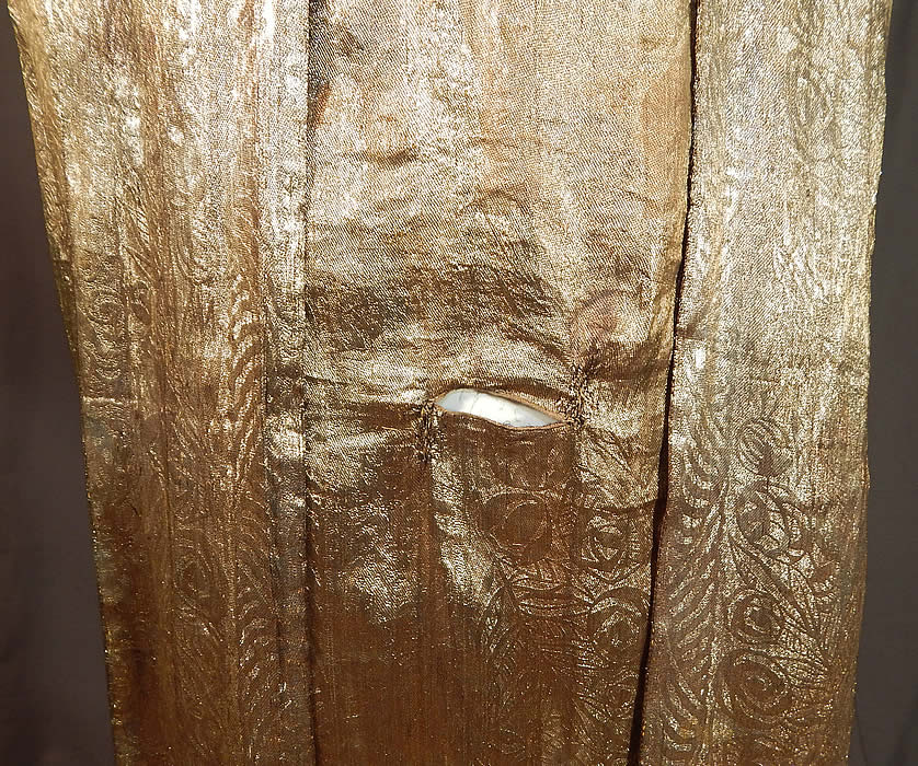 Vintage Art Deco Gold Lam&eacute; Lame Lace Belted Sash Scarf Shift Kaftan Flapper Dress
It is in good as-is condition, has not been cleaned, with some tarnish discoloration in areas on both pieces (see close-up). 