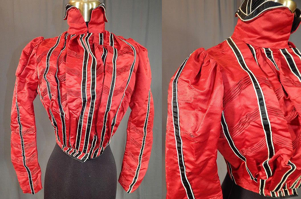 Victorian Red Silk Black & White Striped Pleated Bodice Blouse
This antique Victorian era red silk black and white striped pleated bodice blouse dates from 1890. It is made of a radiant red color silk satin fabric with a black and white striped pattern, pleated gathering.

