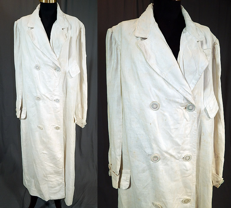 Edwardian Women's White Linen Double Breasted Motoring Driving Duster Coat
This antique Edwardian era women's white linen double breasted motoring driving duster coat dates from 1910. It is made of a white heavy quality linen fabric, with large mother of pearl buttons.