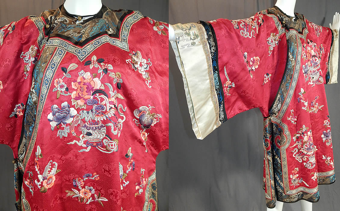 Antique Chinese Red Silk Embroidered Forbidden Stitch Sleeve Band Cuff Qipao Robe
It is made of an imperial hue red color silk damask weave swastika patterned for longevity fabric, with colorful silk raised padded satin stitch hand embroidery work of peony flower vases which are symbols of love and affection, grapes and pomegranate for fertility, posterity, wealth and abundance. 