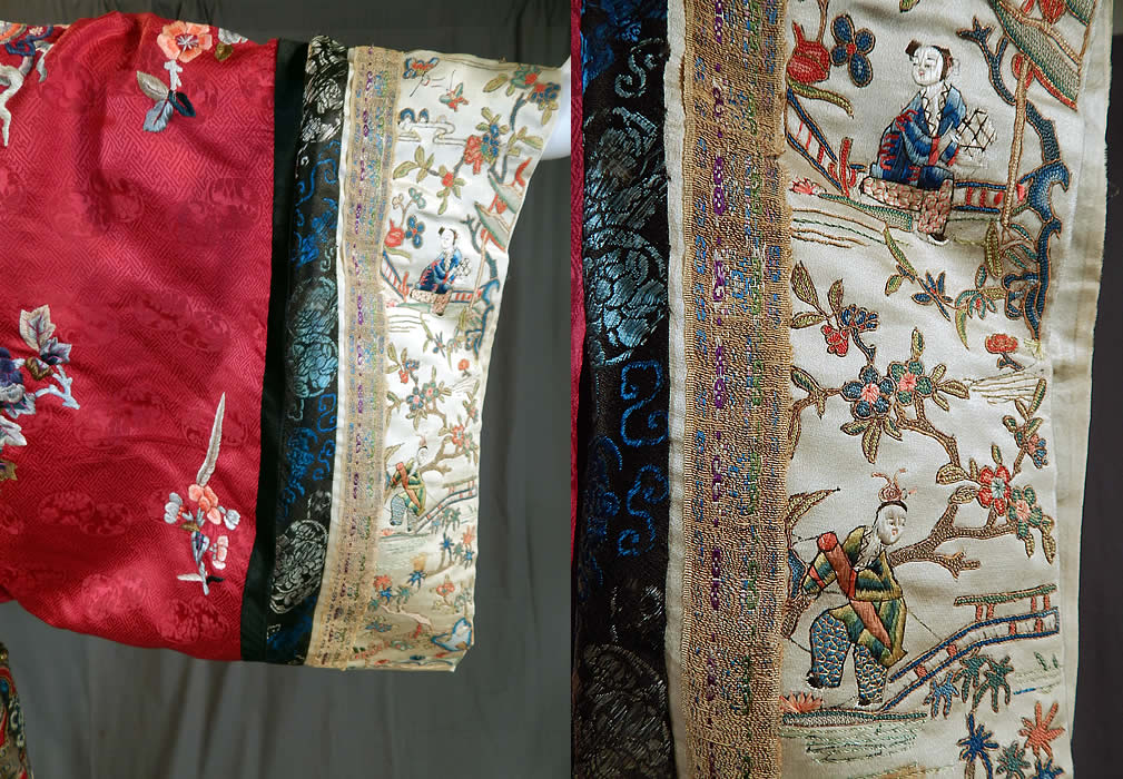 Antique Chinese Red Silk Embroidered Forbidden Stitch Sleeve Band Cuff Qipao Robe
The robe measures 42 inches long, with a 50 inch chest, 56 inch waist and 16 inch wide sleeve. 