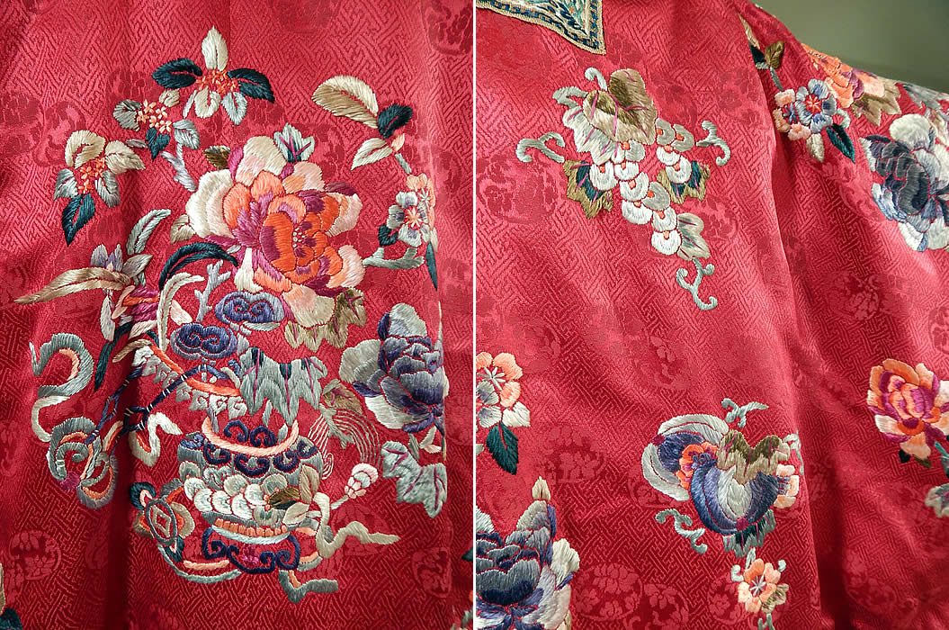 Antique Chinese Red Silk Embroidered Forbidden Stitch Sleeve Band Cuff Qipao Robe
It is in good condition, with only some fraying along the collar trim at the shoulder, sleeve cuff creased edging and inside neck lining.