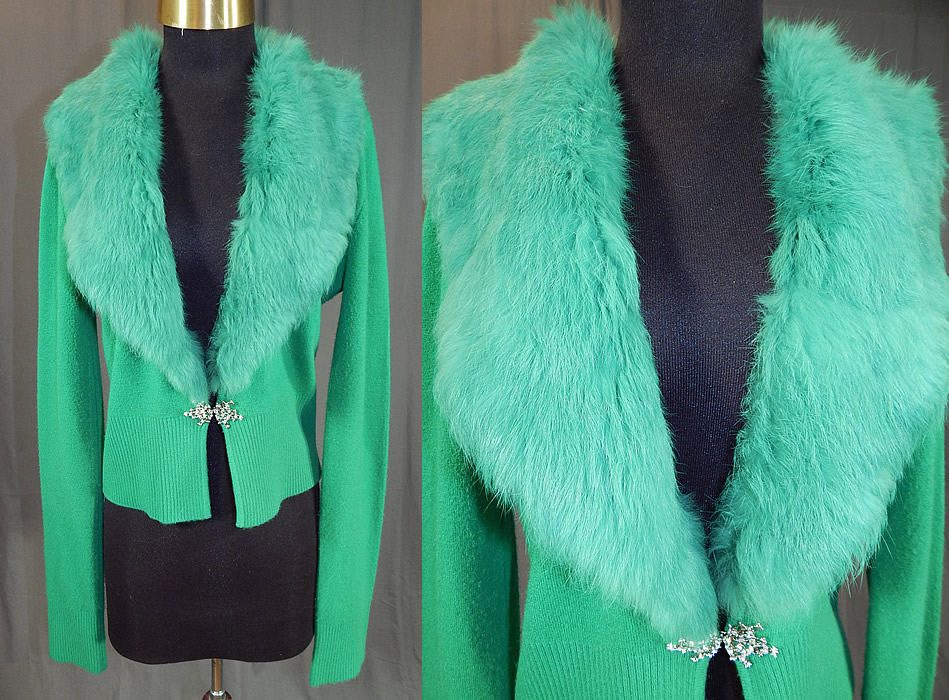 Vintage Kelly Green Knit Cardigan Sweater & Rabbit Fur Collar Trim
This vintage kelly green knit cardigan sweater and rabbit fur collar trim dates from the 1950s. It is made of a bright kelly green color soft lambswool knit fabric, with a green dyed to match fluffy rabbit fur collar trim sewn onto it. 