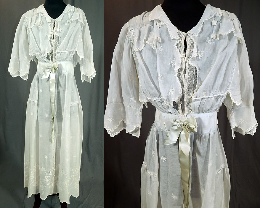 Edwardian White Cotton Batiste Embroidered Eyelet Butterfly Lace Dress
This antique Edwardian era white cotton batiste embroidered eyelet butterfly lace dress dates from 1915.