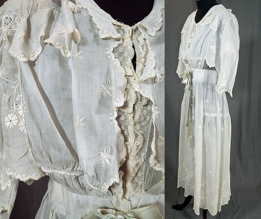Edwardian White Cotton Batiste Embroidered Eyelet Butterfly Lace Dress
It is made of a sheer white cotton batiste lawn fabric, with embroidered eyelet cutwork of flowers, butterflies and scalloped trim edging.
