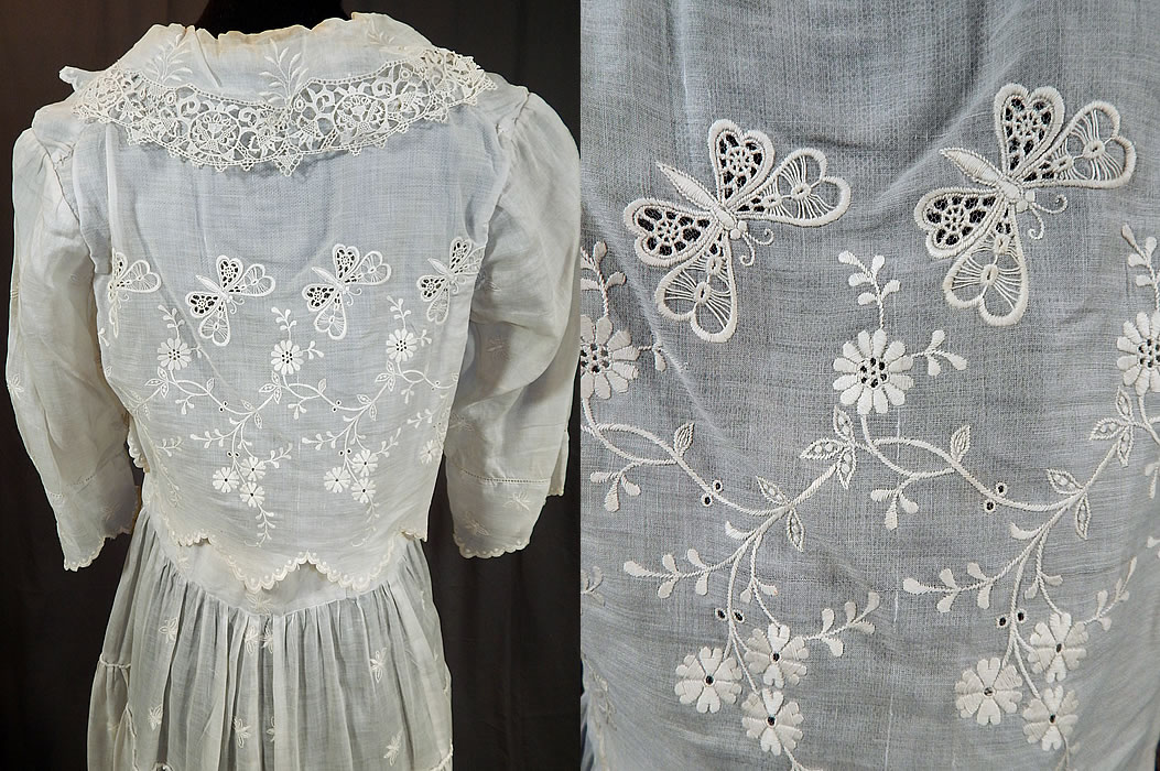 Edwardian White Cotton Batiste Embroidered Eyelet Butterfly Lace Dress
The dress measures 49 inches long, with a 25 inch waist and 32 inch bust.