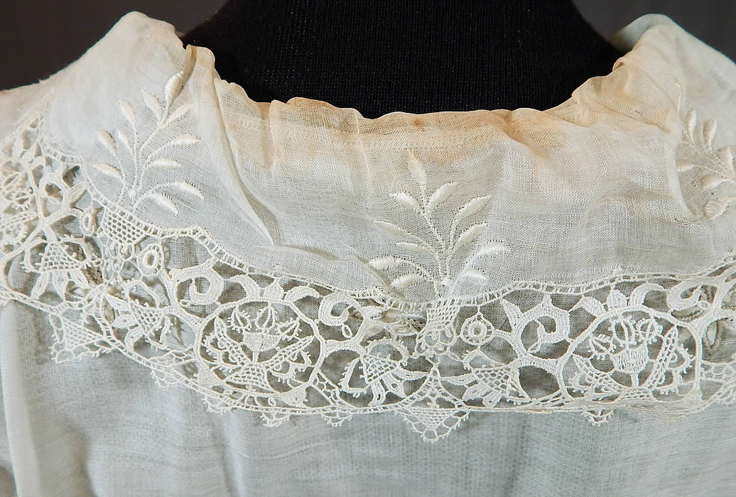 Edwardian White Cotton Batiste Embroidered Eyelet Butterfly Lace Dress
It is in good condition, but has not been cleaned, with soiling on the back collar and slight bluing color in areas. Truly is a wonderful piece of wearable art.