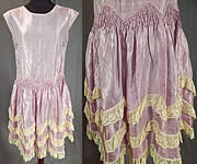 Vintage Iridescent Lavender Silk Taffeta Lace Trim Smocking Drop Waist Dress
