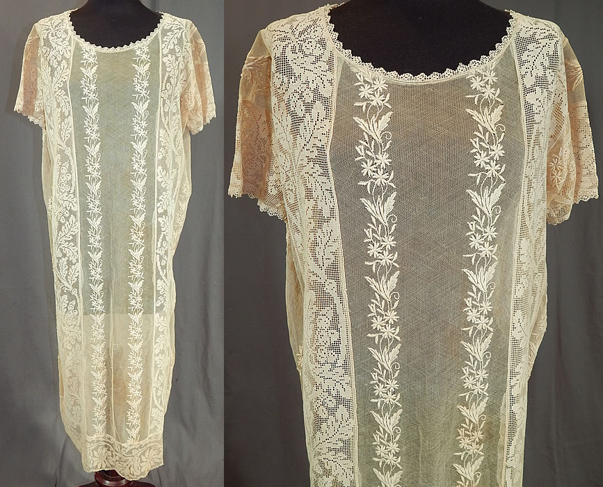 Vintage Embroidered Cream Net Filet Lace Drop Waist Chemise Shift Dress
This vintage embroidered cream net filet lace drop waist chemise shift dress dates from the 1920s. It is made of an off white cream color sheer tulle net fabric, with raised padded satin stitch embroidery work done in a floral vine leaf design and filet lace trim with an oak leaf acorn pattern.