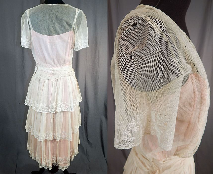Vintage White Net Brussels Applique Duchesse Bobbin Lace Pink Silk Slip Dress
The dress measures 45 inches long, with a 24 inch waist and 32 inch bust. 