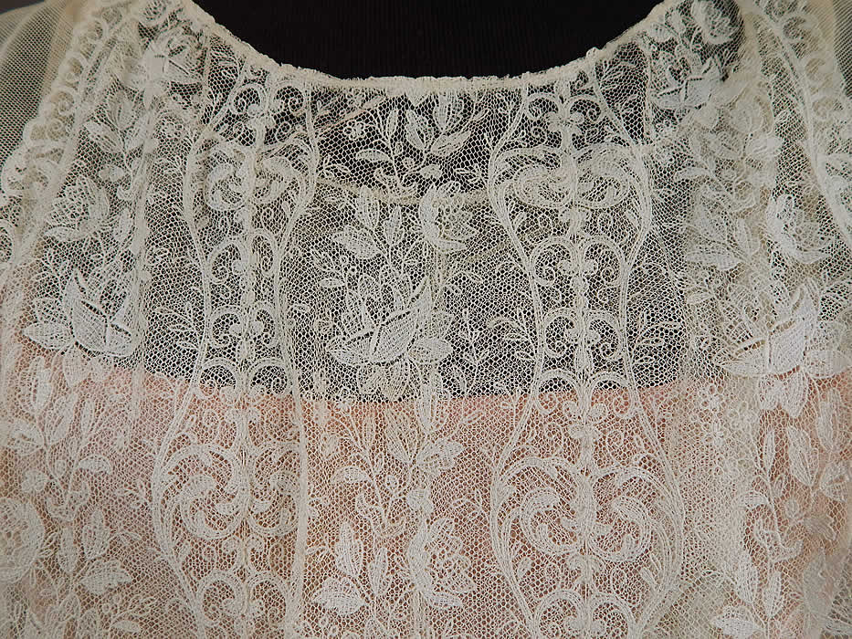 Vintage White Net Brussels Applique Duchesse Bobbin Lace Pink Silk Slip Dress
This is truly an exceptional piece of antique lace wearable art!