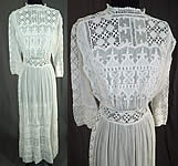 Edwardian White Cotton Batiste Fleur-de-lis Embroidered Lace Lawn Dress Tea Gown
