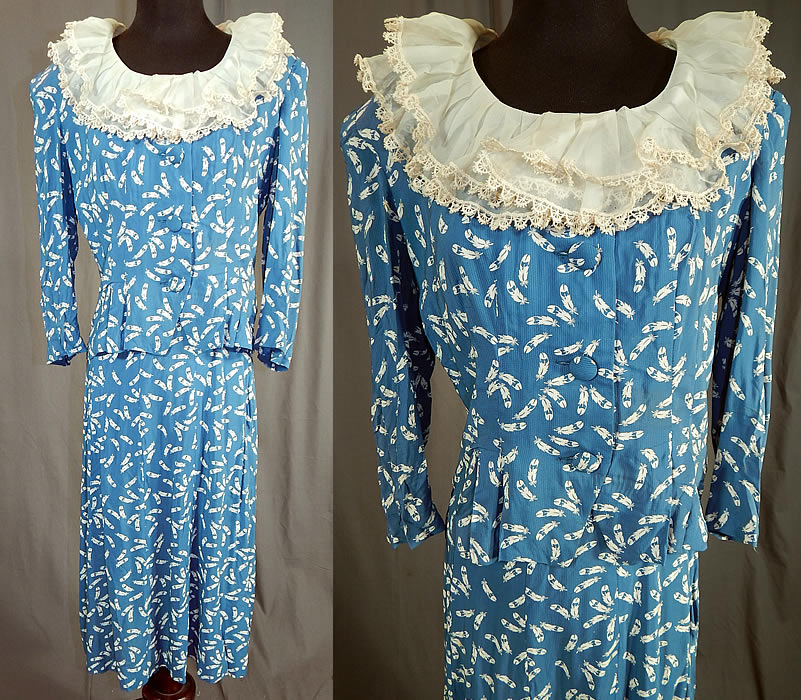 Vintage Blue & White Feather Novelty Print Rayon Dress Suit Peplum Jacket Skirt
This vintage blue and white feather novelty print rayon dress suit peplum jacket and skirt dates from the 1940s. It is made of a blue and white rayon fabric with an eagle feather print Native American Indian inspired design. 