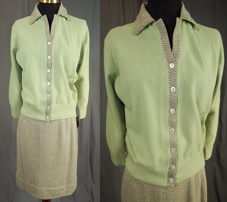 Vintage Bryant of Scotland Cashmere Cardigan Sweater Suit Tweed Skirt NWTVintage Bryant of Scotland Cashmere Cardigan Sweater Suit Tweed Skirt NWT
This unworn vintage Bryant of Scotland cashmere cardigan sweater suit and tweed skirt dates from the 1950s. It is made of a celadon pastel green color pure cashmere fabric with woven tweed pattern design.