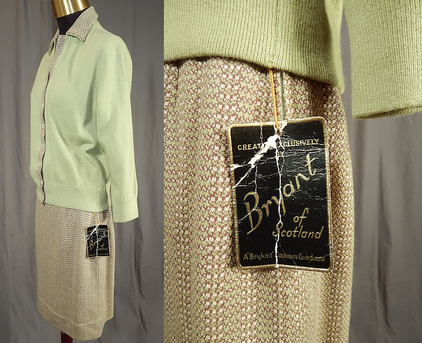 Vintage Bryant of Scotland Cashmere Cardigan Sweater Suit Tweed Skirt NWT
This classic cashmere coordinate two piece suit dress outfit has a cardigan sweater with tweed trim edging, fold over collar, long sleeves, button closures down the front and is unlined. 