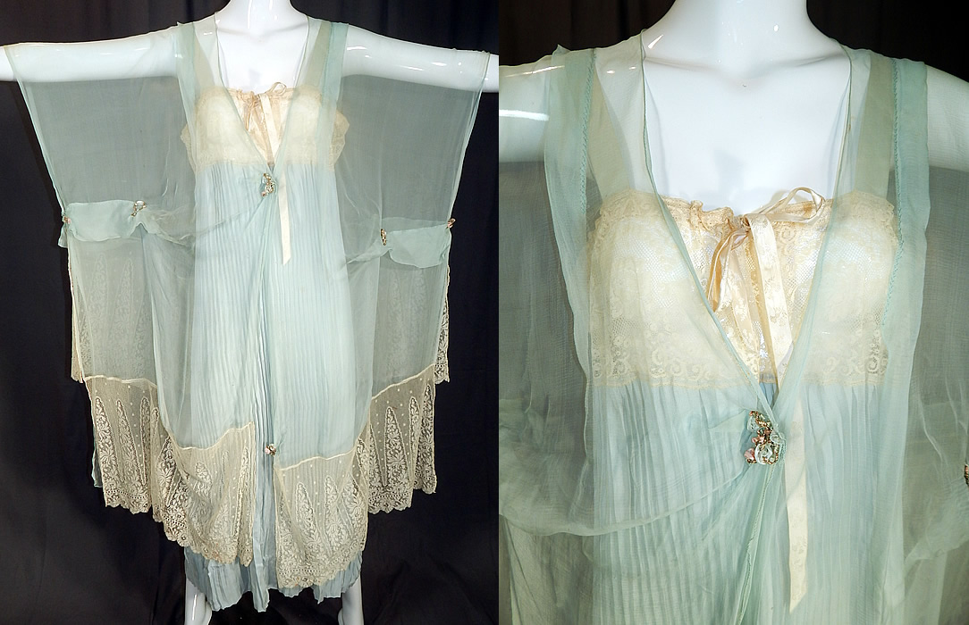 Vintage Blue Silk Chiffon Lace Rosette Peignoir Negligee Nightgown & Robe
This vintage blue silk chiffon lace rosette peignoir negligee nightgown and robe dates from the 1920s. The negligee nightgown is made of a blue pastel pleated silk fabric (Fortuny style) with an off white cream color lace yoke, adjustable drawstring ribbon neckline, silk ribbon shoulder straps and is a loose fitting, long floor length. 