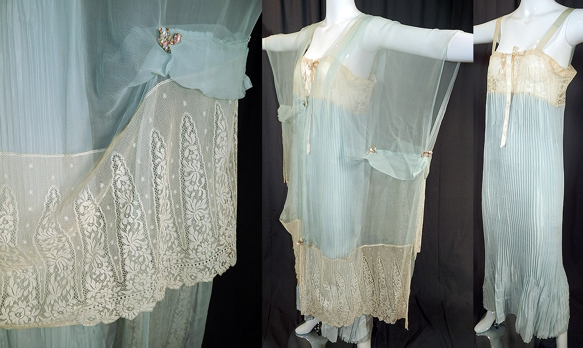 Vintage Blue Silk Chiffon Lace Rosette Peignoir Negligee Nightgown & Robe
The nightgown measures 53 inches long, with 40 inch hips, a 40 inch waist and 38 inch bust. 