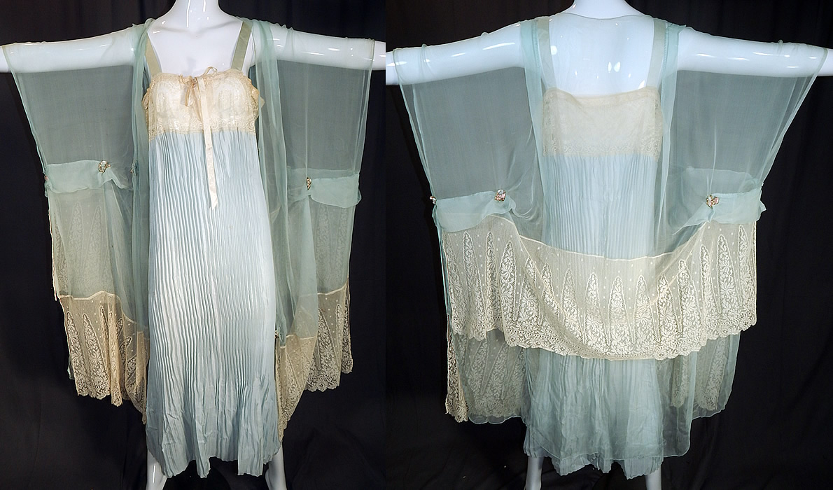 Vintage Blue Silk Chiffon Lace Rosette Peignoir Negligee Nightgown & Robe

Also included is a pale blue sheer silk chiffon peignoir robe dressing gown which is loose fitting, with batwing sleeves, silk rosette flower accents, cream lace trim edging along the bottom, a V front neckline opening with single snap closure and is sheer, unlined. 