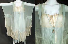 Vintage Blue Silk Chiffon Lace Rosette Peignoir Negligee Nightgown & Robe
