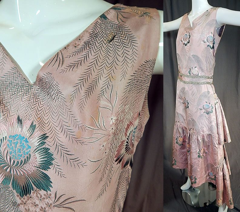 Vintage French Silk Damask Brocade Rhinestone Beaded Evening Gown Dress
It is in good as-is condition, needing some minor restoration, with only a few faint small stains on the front top, a tiny frayed split near the front neckline shoulder area and some loose rhinestone trim (see close-ups). 