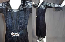 Vintage Art Deco Buckle Belted Black Silk & Chantilly Lace Flapper Dress

