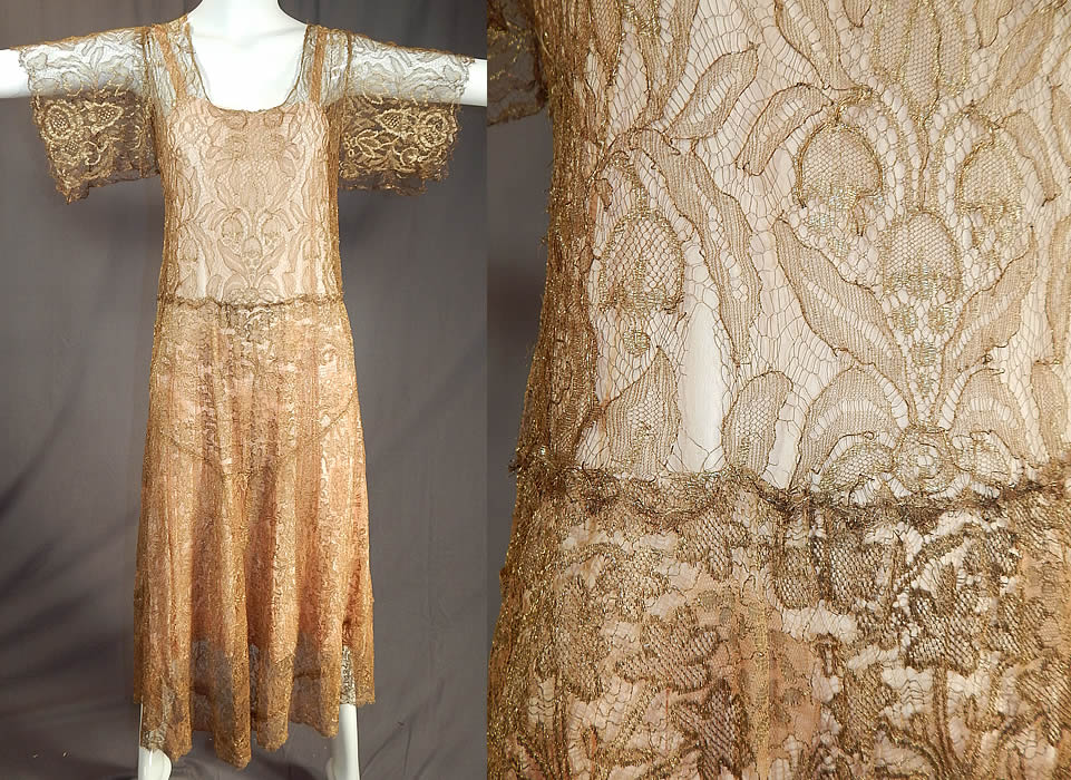 Vintage Gold Metallic Lamé Lame Lace Short Kimono Sleeve Dress & Pink Silk Slip
This exquisite vintage gold metallic lamé lace short kimono sleeve dress and pink silk slip dates from the 1920s. It is made of a sheer fine gold metallic thread lamé lace net woven into a floral leaf pattern.