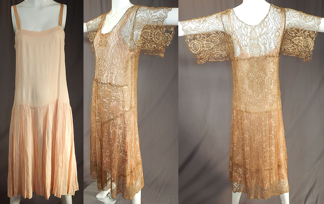 Vintage Gold Metallic Lam&eacute; Lame Lace Short Kimono Sleeve Dress & Pink Silk Slip
Included is a pink silk slip dress with pleated bottom skirt, silk ribbon shoulder straps, loose fitting with a drop waist style and measures 42 inches long, with 44 inch hips, a 34 inch waist and 34 inch bust. 