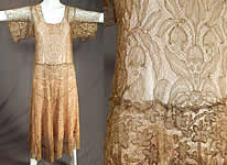 Vintage Gold Metallic Lam&eacute; Lame Lace Short Kimono Sleeve Dress & Pink Silk Slip
