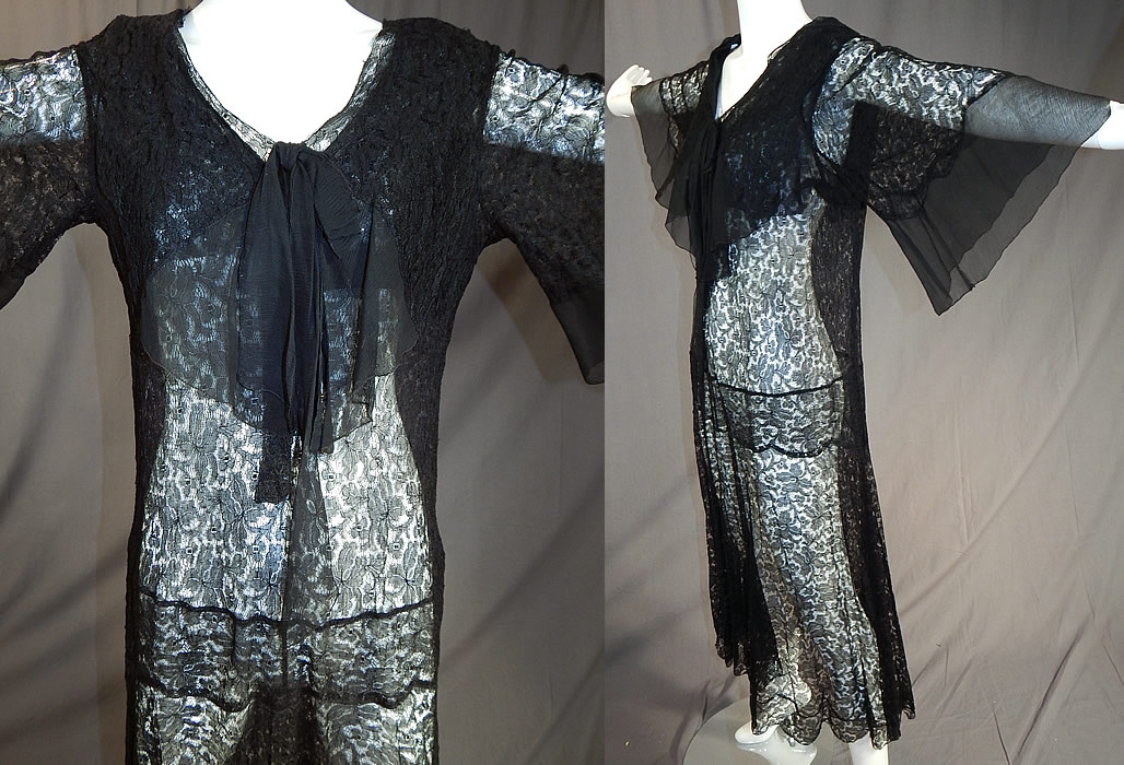 Vintage Sheer Black Silk Chiffon & Lace Drop Waist Kimono Sleeve Flapper Dress
This vintage Art Deco sheer black silk chiffon and lace drop waist kimono sleeve flapper dress dates from the 1920s. 