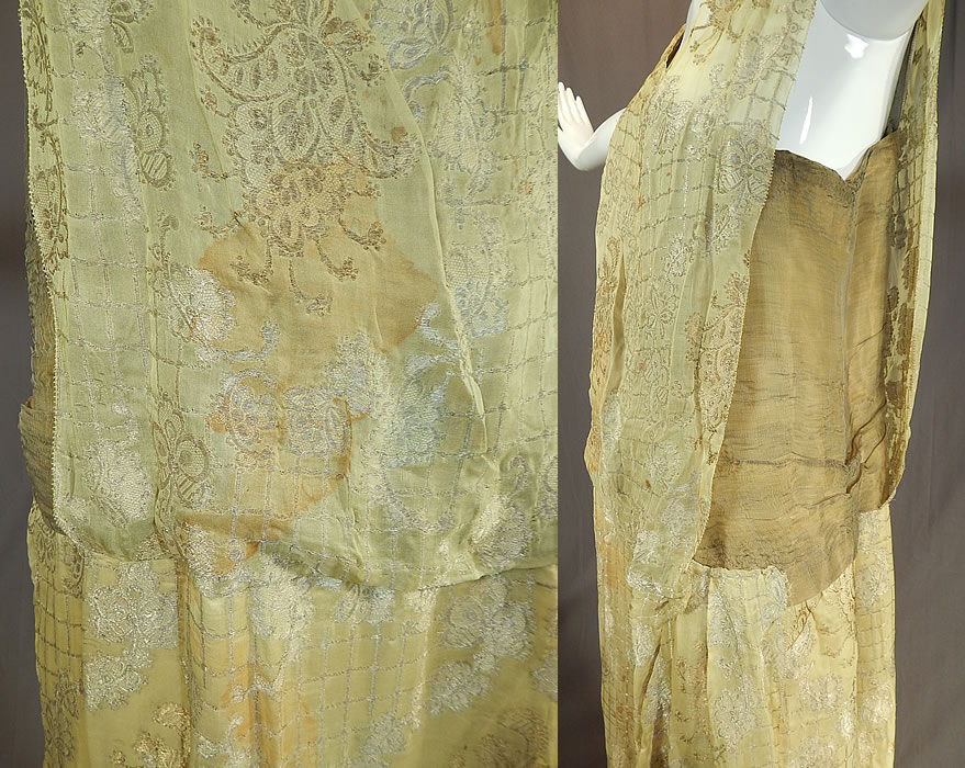 Vintage Art Deco Chartreuse Gold Lam&eacute; Lame Silk Damask Drop Waist Flapper Dress
It is in fair as-is condition, has not been cleaned, with several areas of discoloration and staining on the front and under the arms (see close-up). This is truly an amazing piece of Art Deco textile art which would be great for design!