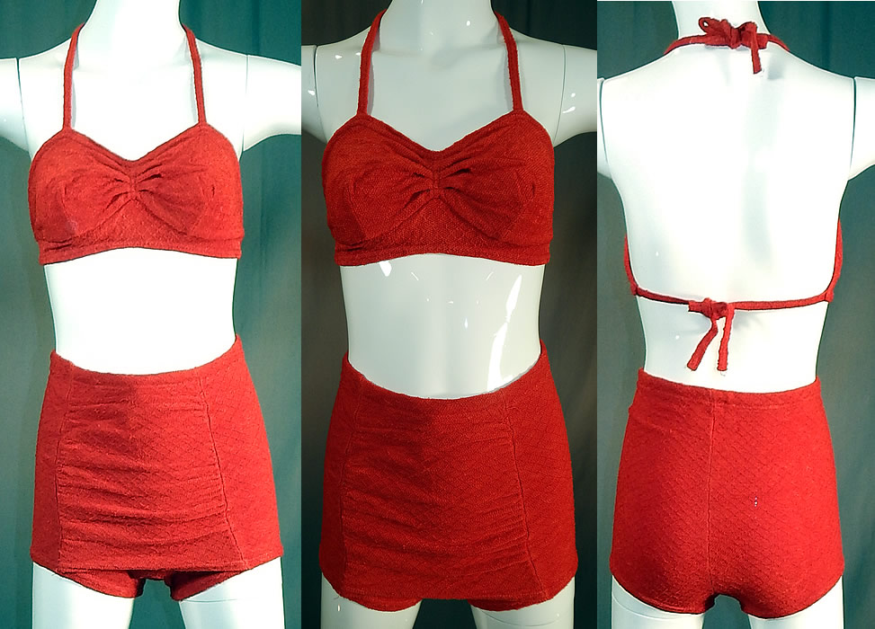 Vintage Catalina Red Rayon Knit Two Piece Pinup Bikini Bathing Suit Swimsuit
This vintage Catalina red rayon knit two piece pinup bikini bathing suit swimsuit dates from the late 1940s. It is made of a red rayon knit textured terry cloth stretch fabric with a woven argyle diamond pattern design.