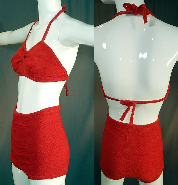 Vintage Catalina Red Rayon Knit Two Piece Pinup Bikini Bathing Suit Swimsuit
This sexy two piece pinup bombshell bikini bathing suit has a bra top with adjustable halter tie neck strap, back strap and a skort front panel bottom shorts trunks with an adjustable inside drawstring waist. 
