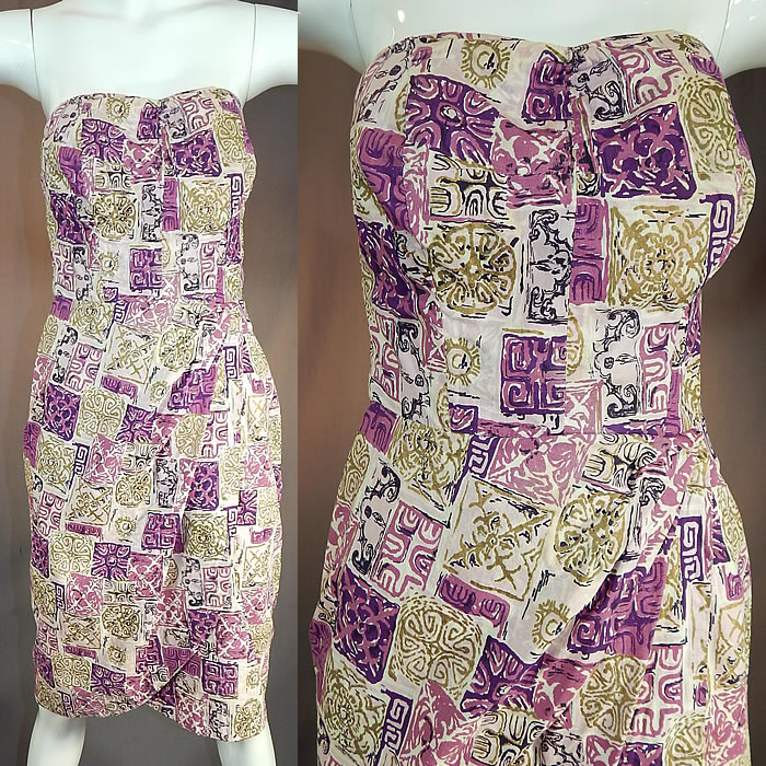 Vintage Purple & Gold Hawaiian Tapa Print Cotton Wrap Sexy Strapless Sarong Dress
This vintage purple and gold Hawaiian tapa print cotton wrap sexy strapless sarong dress dates from the 1950s. It is made of varying shades of purple, gold metallic, black and white Hawaiian tapa cloth print silk screen cotton fabric.