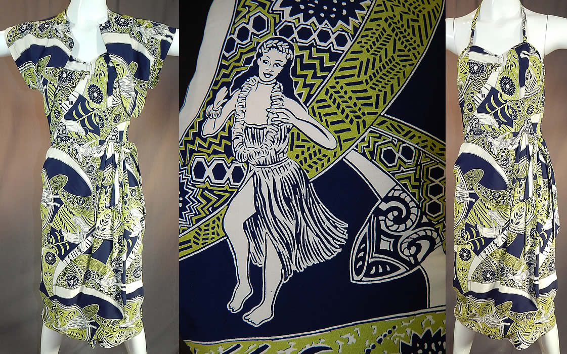 Vintage Poi Pounder Tog Hawaiian Hula Print Rayon Sarong Dress Shrug Jacket
This vintage Poi Pounder Tog Hawaiian hula print rayon sarong dress and shrug jacket dates from the late 1940s.