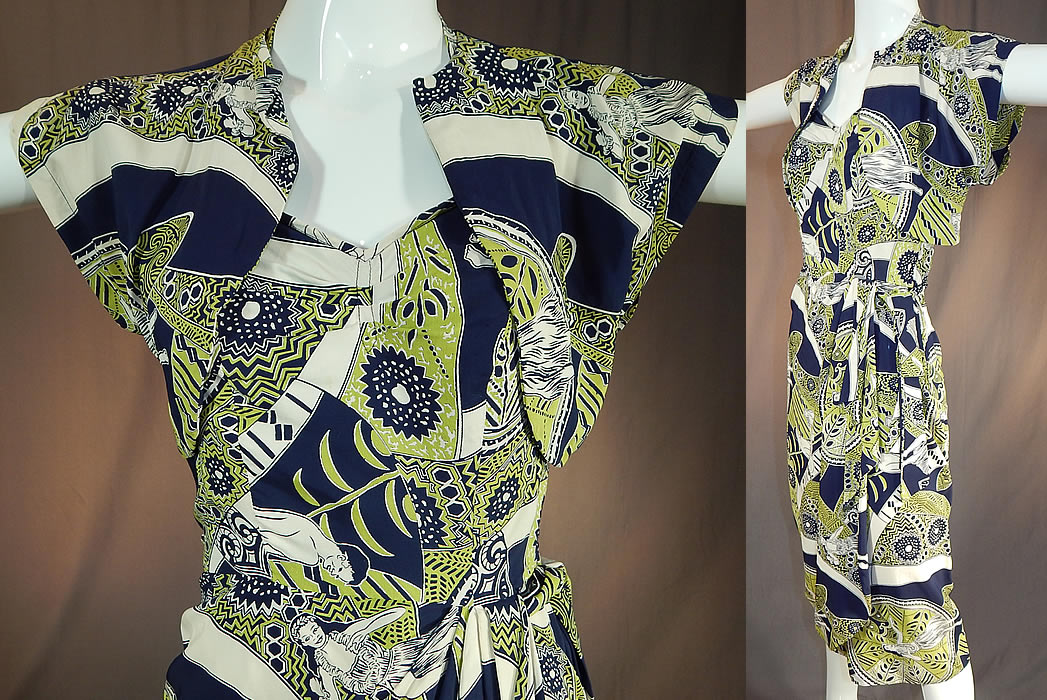 Vintage Poi Pounder Tog Hawaiian Hula Print Rayon Sarong Dress Shrug Jacket
It is made of a chartreuse green, navy blue and white rayon fabric with a Hawaiian figural print of hula dancers and poi pounders.